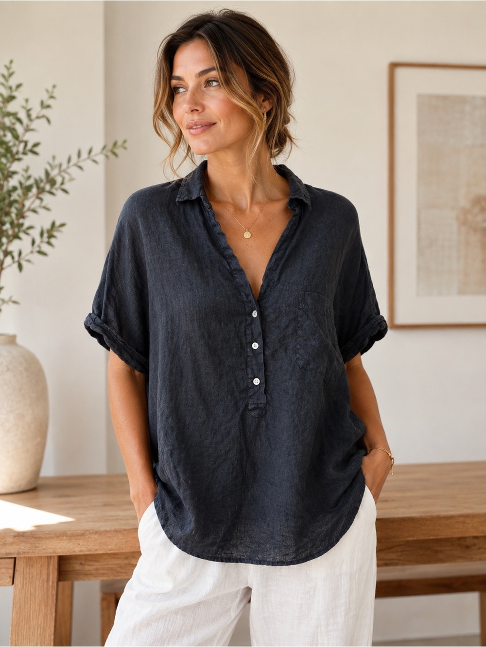 Grayson Relaxed The Artist Linen Top in Black